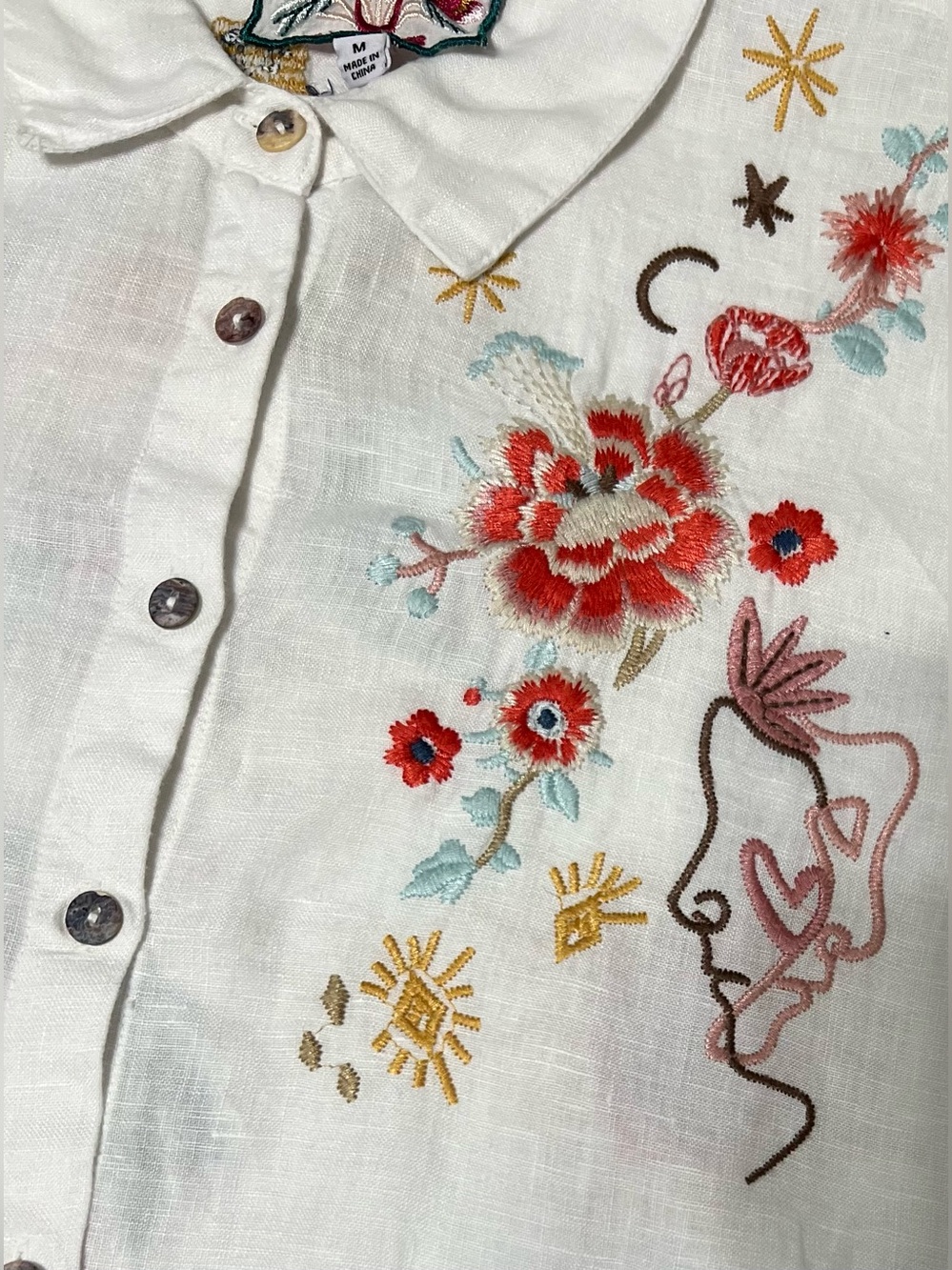 Johnny Was 100% Linen Embroidered Puff Sleeve Button Top White Size M - Picture 6 of 13